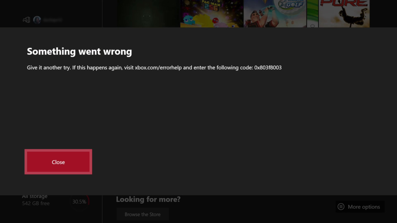 An Xbox One dashboard showing the error message 'Something went wrong / Give it another try. If this happens again, visit xbox.com/errorhelp and enter the following code: 0x003f8003'