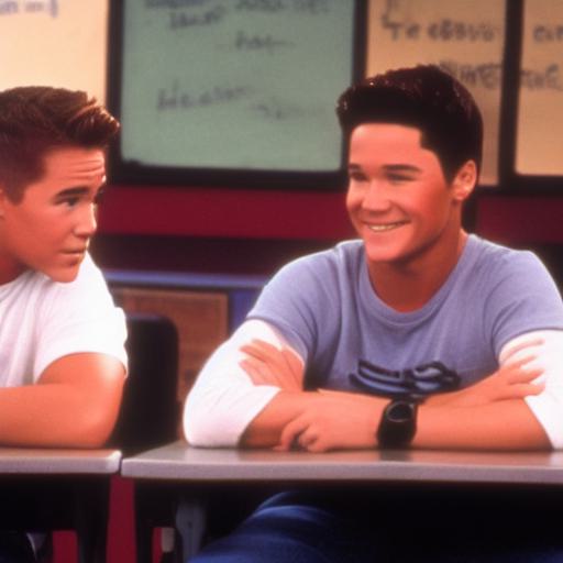 A.C. Slater and Zach Morris in class together, bayside high, saved by the bell