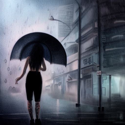 fugitive, woman, tattoos, dystopian future, hong kong, rain, concept art, night, police, ((((umbrella))))