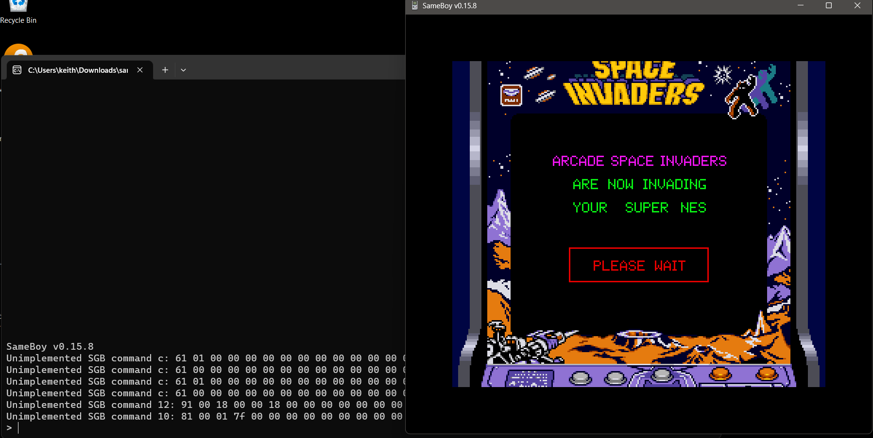 Attempting to load Arcade Space Invaders on the SameBoy Game Boy emulator